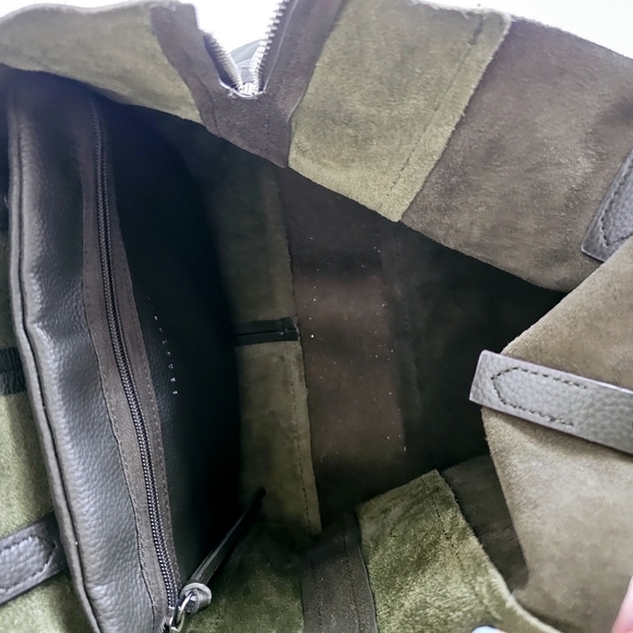 Sanctuary Rose Print Suede Genuine Green Pebbled Leather Fringe Tassel Tote Bag - Picture 9 of 10